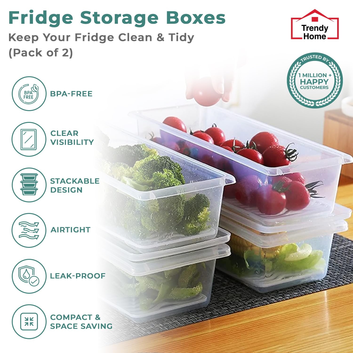Senego Fridge Storage Boxes (Pack of 6) Plastic Storage Boxes for Kitchen, Fridge Organiser, Food Storage Container Set with Tra
